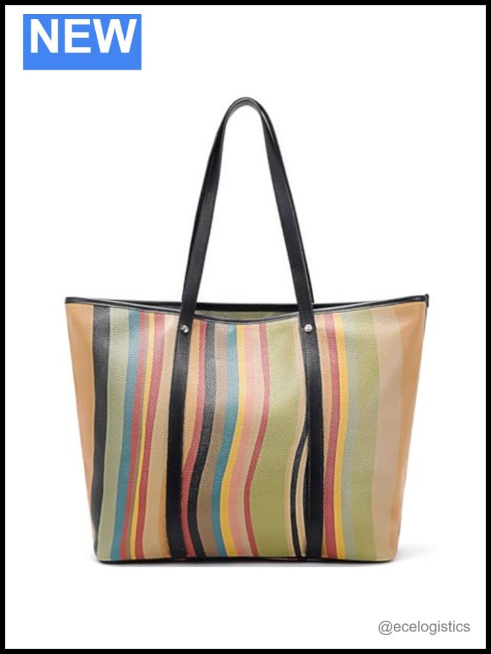 Genuine Leather Tote Bag for Women Handmade Rainbow Stripe Large Purse